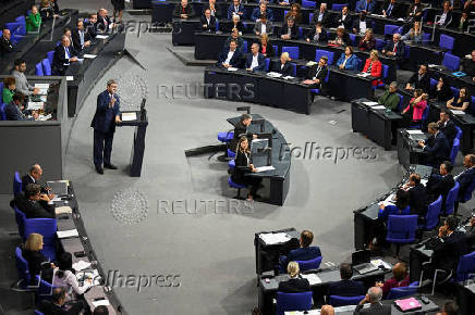 Bavarian State Prime Minister Markus Soeder of the Christian Social Union (CSU) addresses the lower house of parliament, the Bundestag, in Berlin