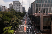 A drone view shows the Sao Paulo Museum of Art (MASP) painted grey during restoration, at Paulista Avenue in Sao Paulo