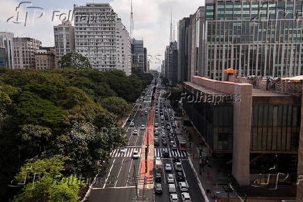 A drone view shows the Sao Paulo Museum of Art (MASP) painted grey during restoration, at Paulista Avenue in Sao Paulo