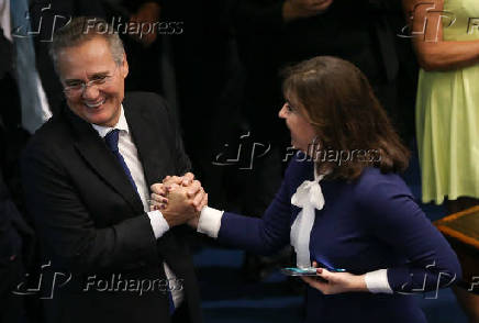 Tebet com Renan Calheiros na cerimnia de posse dos senadores em 2019