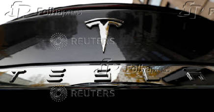 FILE PHOTO: The company logo is pictured on a Tesla Model X electric car in Berlin