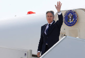 U.S. Secretary of State Blinken boards a plane at the U.S. Naval Support Activity base in Naples
