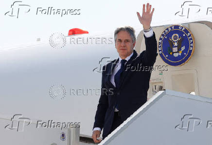 U.S. Secretary of State Blinken boards a plane at the U.S. Naval Support Activity base in Naples