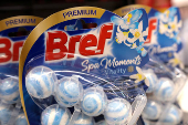 Bref products are displayed on a shelf in a supermarket