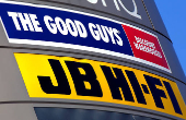FILE PHOTO: The logos of Australian electronic goods retailers JB Hi-Fi and the privately-held 100-store rival The Good Guys are displayed at a shopping center in Sydney, Australia