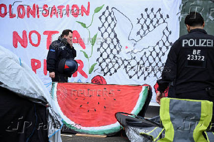 Pro-Palestinian demonstrators occupy a courtyard at Freie Universitat (FU) Berlin