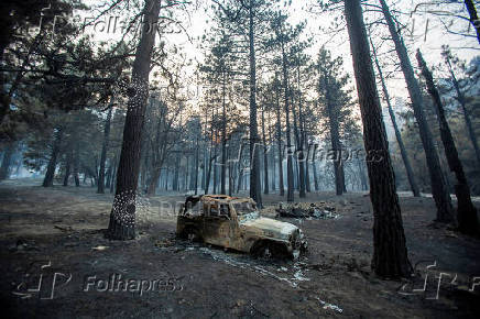 The Bridge Fire burns the mountain communities to the northeast of Los Angeles, in Wrightwood