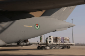 Aid for Lebanon is being loaded onto a cargo aircraft at the al-Reef Military Airport, in Abu Dhabi