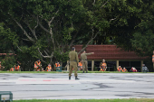 Soldiers prepare a helipad, ahead of the expected arrival of released Israeli hostages, who have been held in Gaza since the deadly October 7, 2023 attack by Hamas, in Petah Tikva