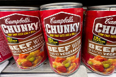 Cans of Campbell's chunky beef soup line a supermarket shelf in Bellingham