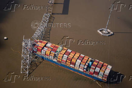 View of the Dali cargo vessel which crashed into the Francis Scott Key Bridge causing it to collapse in Baltimore