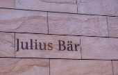 A logo is pictured on Swiss private bank Julius Baer building in Geneva