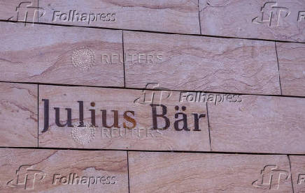 A logo is pictured on Swiss private bank Julius Baer building in Geneva