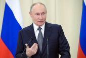 Russian President Putin attends a press conference in Leningrad region