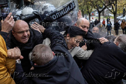 Serbian opposition and supporters protest over railway station roof collapse, in Novi Sad