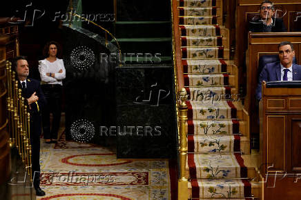 Spanish PM Sanchez attends a vote on a fiscal package extending a windfall tax on banks at Parliament in Madrid