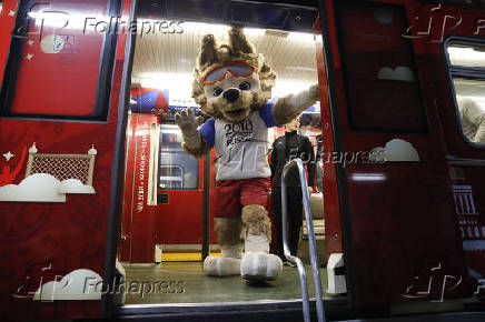 Zabivaka, the official mascot for the 2018 FIFA World Cup Russia, takes part in a ceremony unveiling a metro train with the interior dedicated to the history of the FIFA World Cup in Moscow
