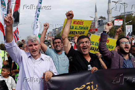 People demonstrate in support of Palestinians in Gaza, in Istanbul