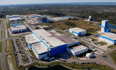 The Blue Origin manufacturing facility is shown in an aerial view at the Kennedy Space Center