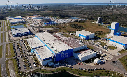 The Blue Origin manufacturing facility is shown in an aerial view at the Kennedy Space Center