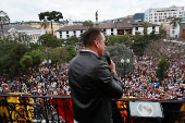 Ecuador's President Daniel Noboa speaks to supporters of his government, at the Government Palace in Quito