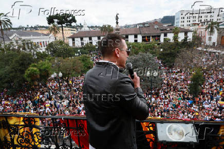 Ecuador's President Daniel Noboa speaks to supporters of his government, at the Government Palace in Quito