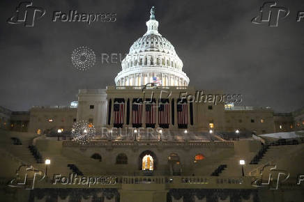 General view shows the West front of the U.S. Capitol building during snowfall in Washington