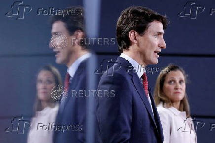 FILE PHOTO: Canada's PM Trudeau speaks during news conference with Foreign Minister Freeland in Ottawa