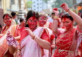 Immersion of idols on the last day of Durga Puja festival in India