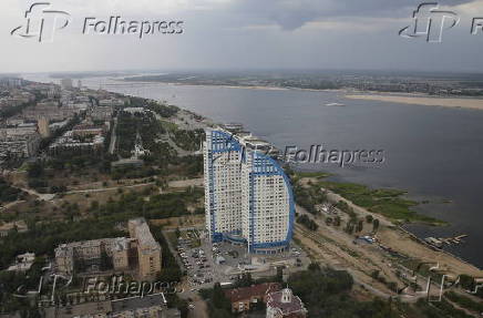 Aerial view from helicopter shows residential complex in Volgograd