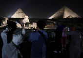 Giza Pyramids are lit up for World Tourism Day on the outskirts of Cairo