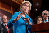 FILE PHOTO: U.S. Senator Elizabeth Warren (D-MA) speaks alongside Senate Democrats during a press conference, in Washington