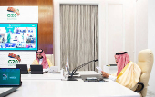 Saudi King Salman bin Abdulaziz gives virtual speech during the 15th annual G20 Leaders' Summit in Riyadh, Saudi Arabia