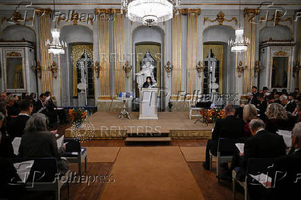 Nobel laureate in literature Han Kang speaks during this year's Nobel Prize lecture in literature at the Swedish Academy, in Stockholm