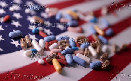 Illustration shows U.S. flag and medicines
