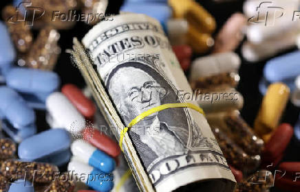 Illustration shows U.S. dollar banknotes and medicines
