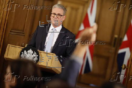 British Prime Minister Starmer holds press conference on migration in London