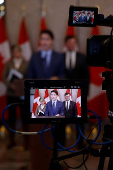 Canada's Prime Minister Justin Trudeau takes part in a press conference on Parliament Hill in Ottawa