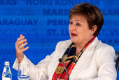 IMF Managing Director Kristalina Georgieva speaks during a press briefing at the IMF and World Bank's 2024 annual Spring Meetings in Washington