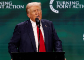 Republican presidential nominee and former U.S. President Donald Trump attends The Believers Summit 2024 in West Palm Beach