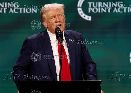 Republican presidential nominee and former U.S. President Donald Trump attends The Believers Summit 2024 in West Palm Beach