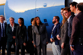 Democratic presidential nominee and U.S. Vice President Kamala Harris leaves after a campaign event in Madison