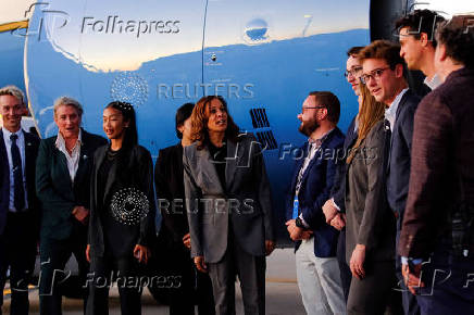 Democratic presidential nominee and U.S. Vice President Kamala Harris leaves after a campaign event in Madison