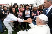 Pope Francis greets women as he visits Rebibbia Women's Prison for a Holy Thursday ritual, in Rome