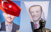 Election banner of Turkish President Erdogan waves in Istanbul