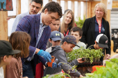 Canada's PM Trudeau attends an event with children in a greenhouse Caraquet, northern New Brunswick