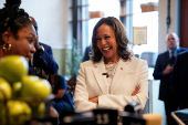 Democratic presidential nominee and U.S. Vice President Kamala Harris visits Dottie's Market in Savannah