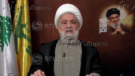 Lebanon's Hezbollah leader Sheikh Naim Qassem delivers an address from an unknown location