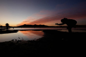 A man takes photos of sand dunes and palm trees partially covered by floodwaters, after rare rainfall hit the area last September, at dawn in Merzouga