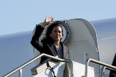 Democratic presidential nominee and U.S. Vice President Harris boards Air Force Two upon her departure from San Francisco, California